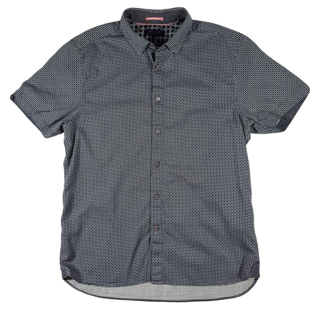 Ted Baker London Men’s Large Blue Geometric Short Sleeve Button Down Shirt